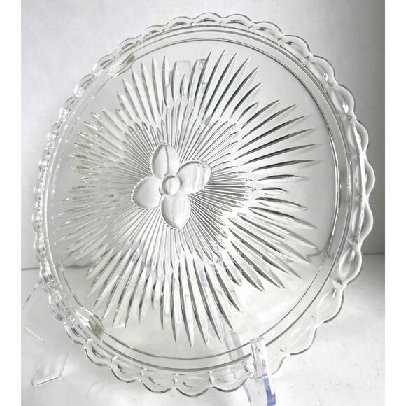 EAPG Indiana Clear Glass Serving Cake Plate Sunburst Design Scalloped Atomic Age - Picture 4 of 8